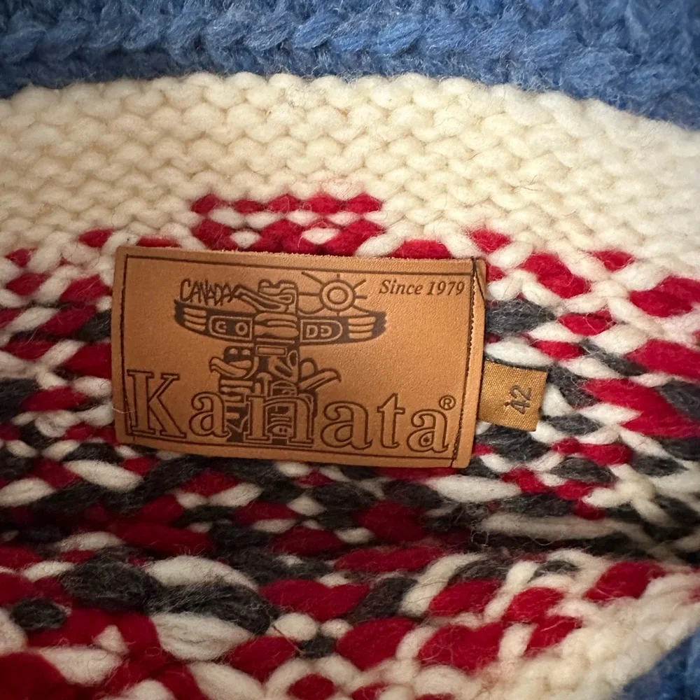 LE CAVALIER KANATA SWEATER HANDKNIT BLUE/RED 100% wool‎ chunky size 42